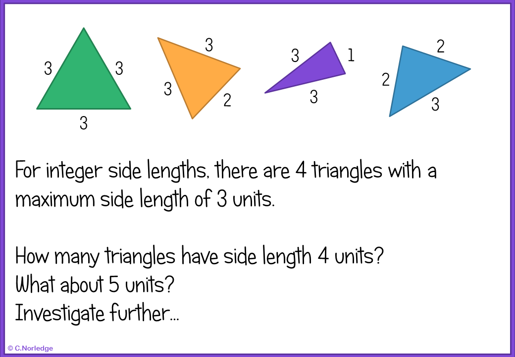 For integer side lengths, there are 4 triangles with a maximum side length of 3 units. Investigate further.